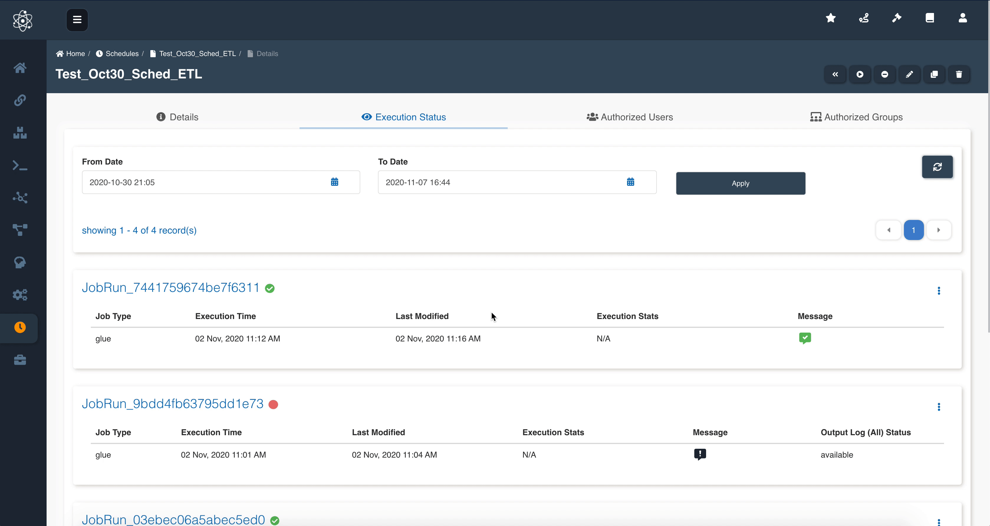Filter schedule executions