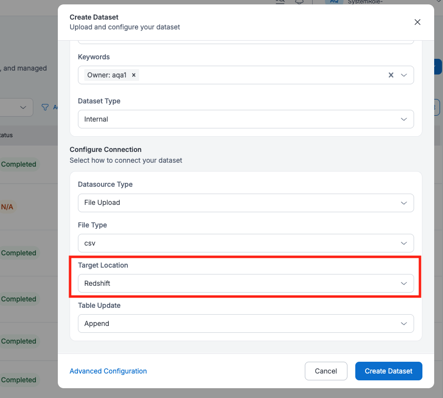 Create Redshift dataset