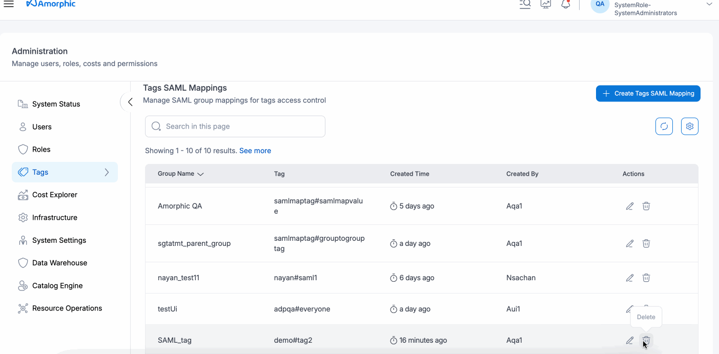 Delete SAML Tag Mapping
