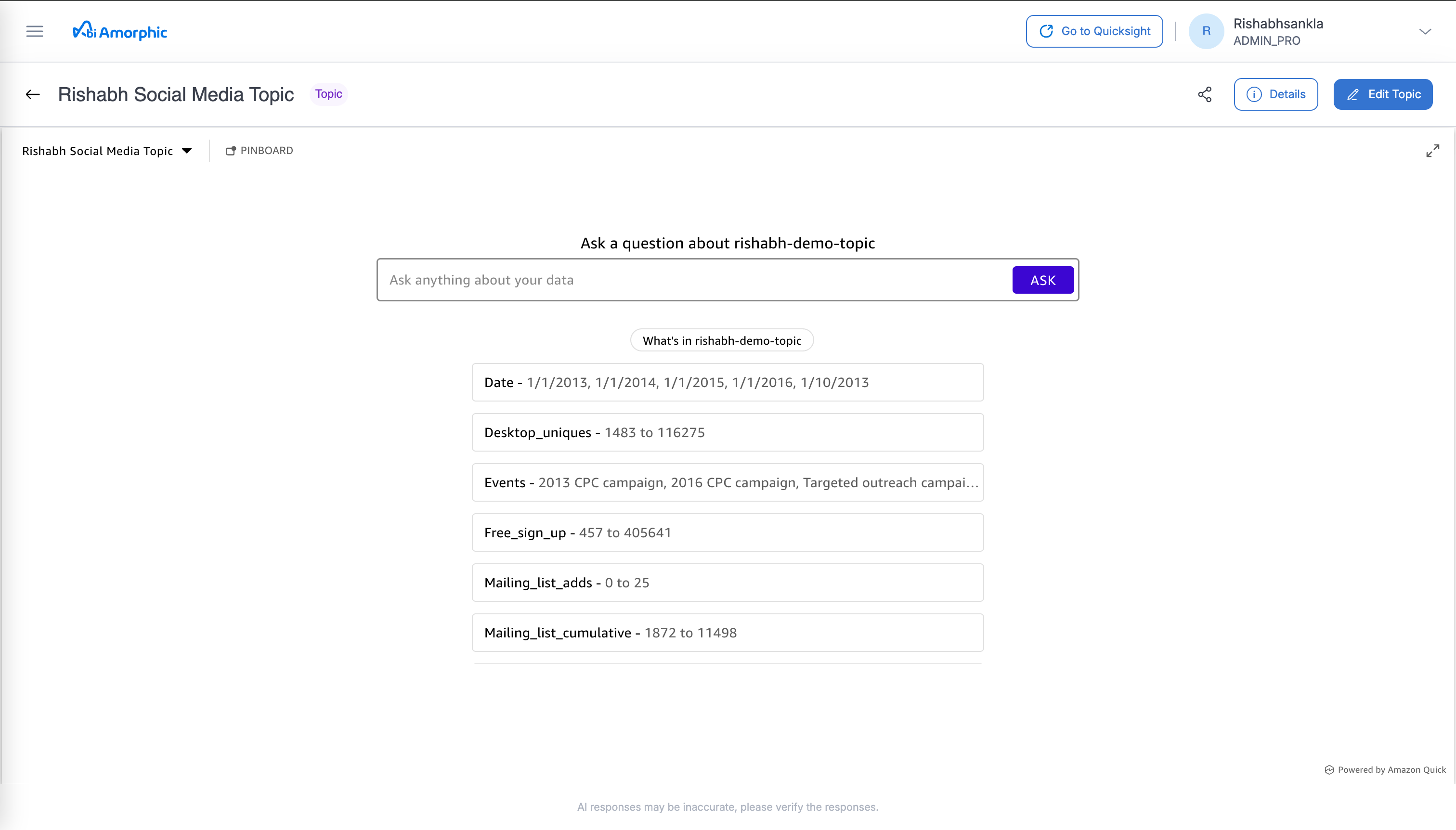 The Amorphic BI Topic interface featuring a central 'Ask a question' search bar and a list of indexed data fields like Date, Events, and Desktop Uniques used for natural language discovery.