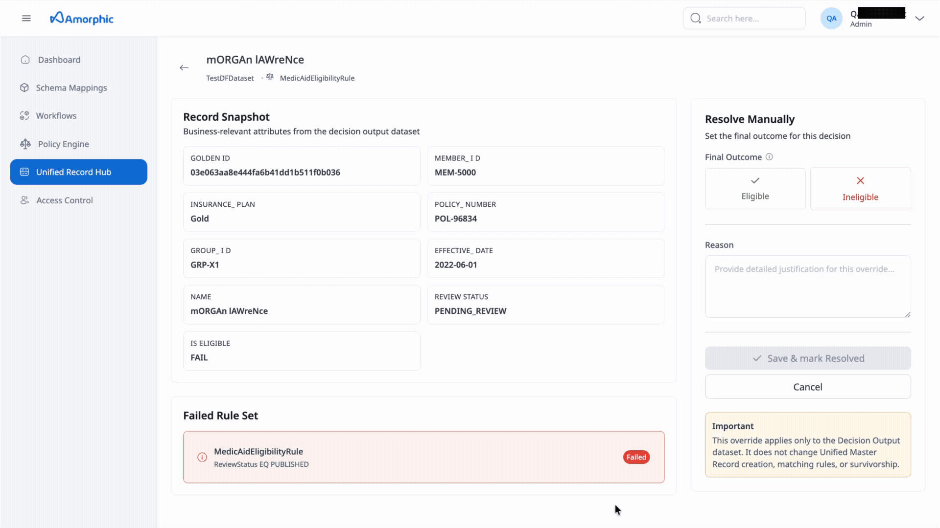 Policy engine record in UR hub
