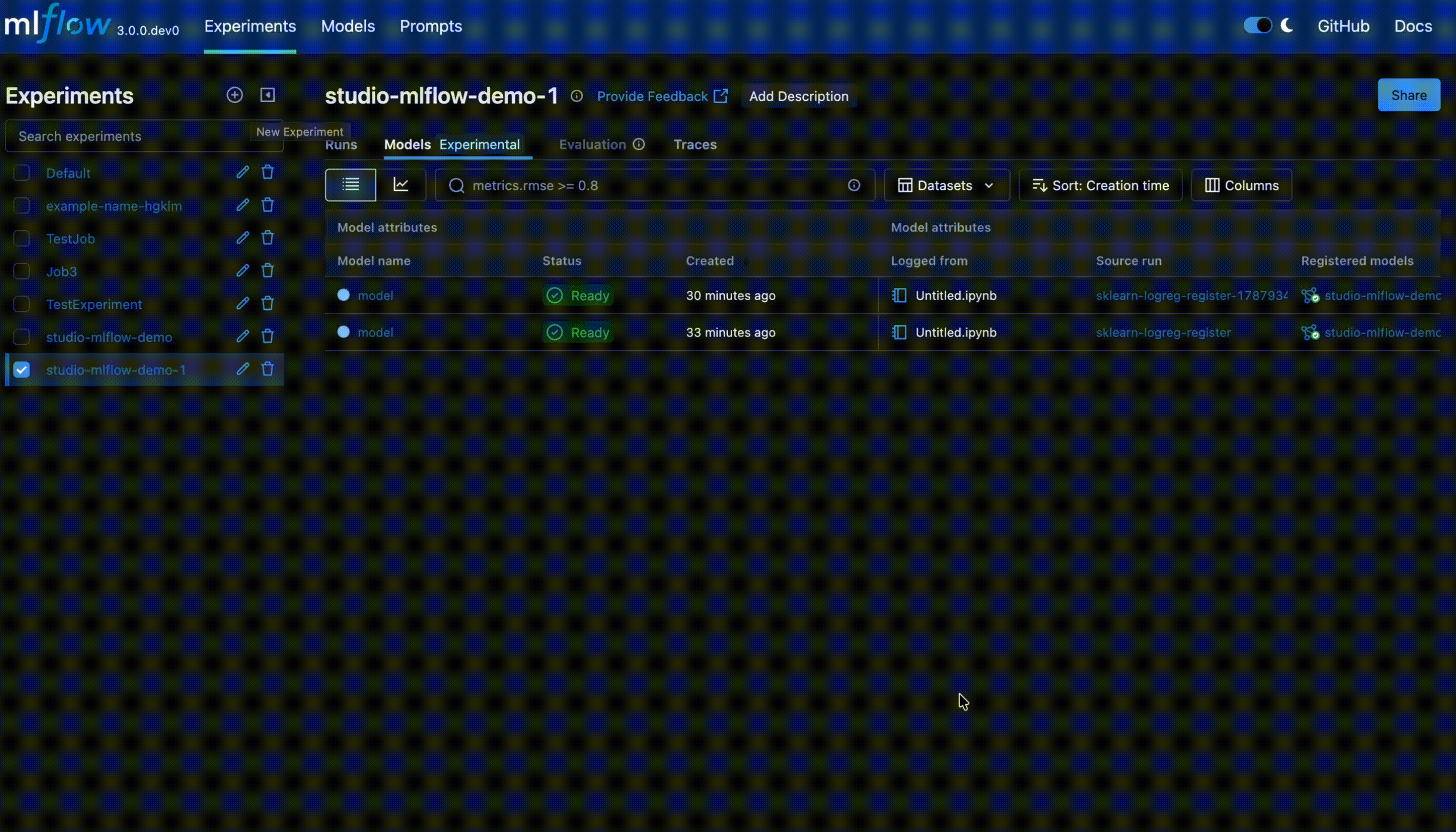 MLflow UI navigation