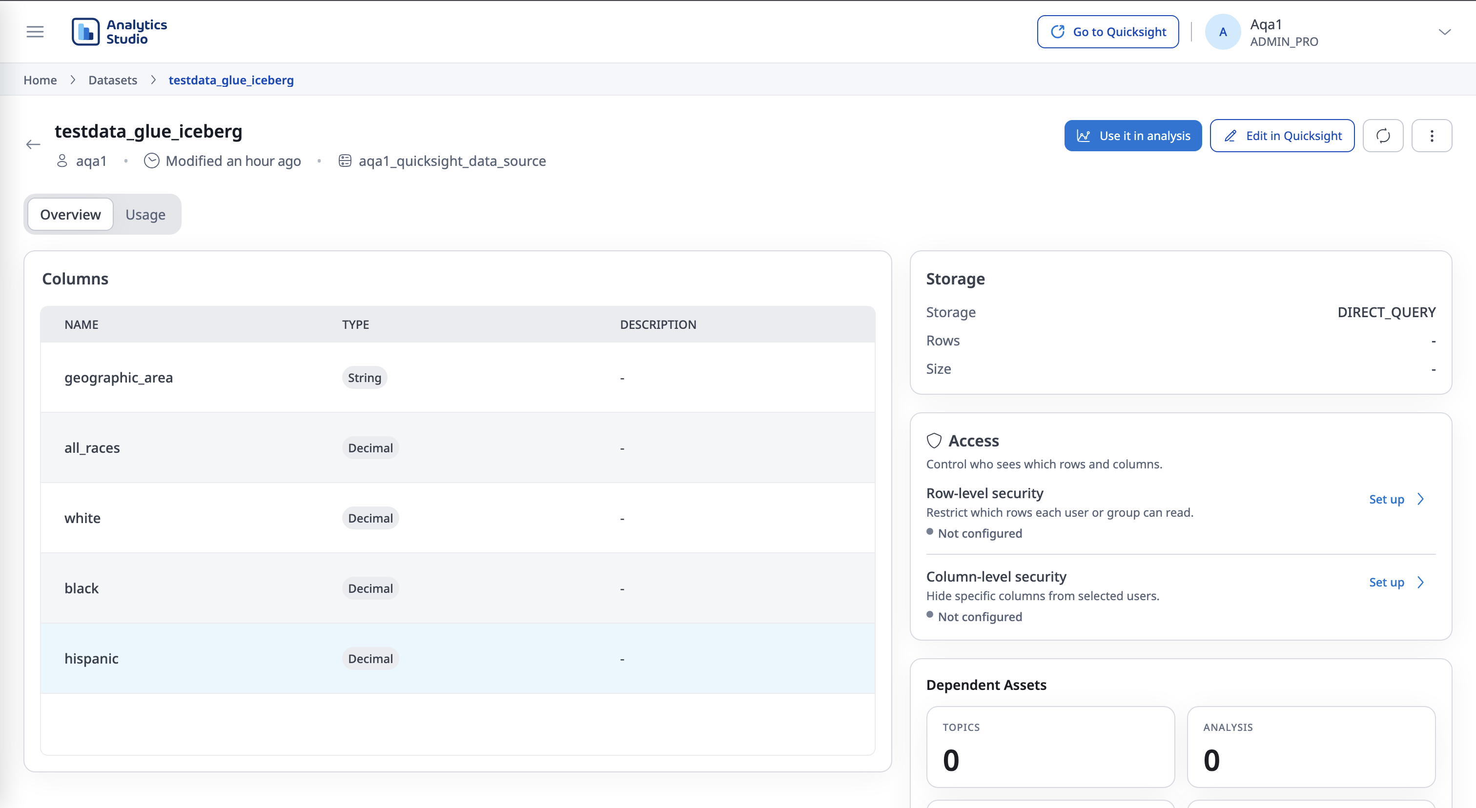 The Studio Dataset interface showing dataset configuration, field mapping, and SPICE or Direct Query options.