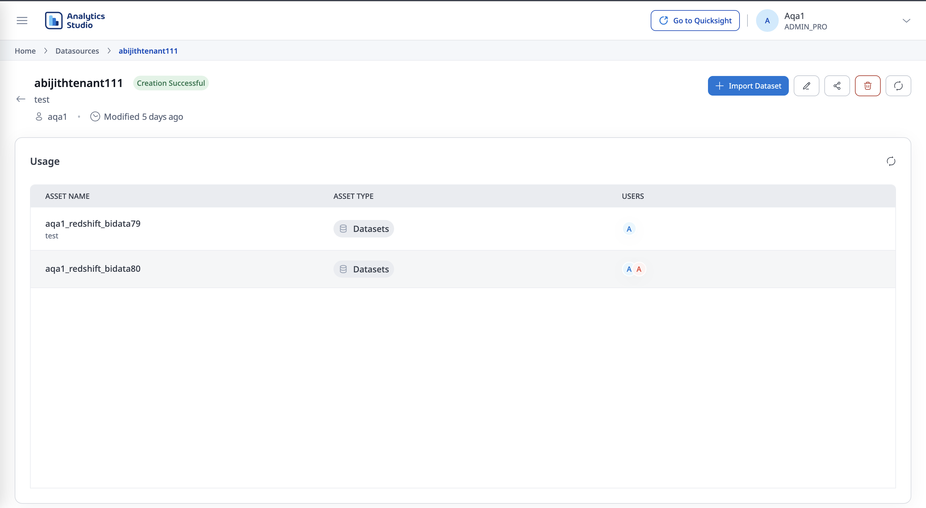 The Studio Datasource interface showing connection configuration and data source management options.