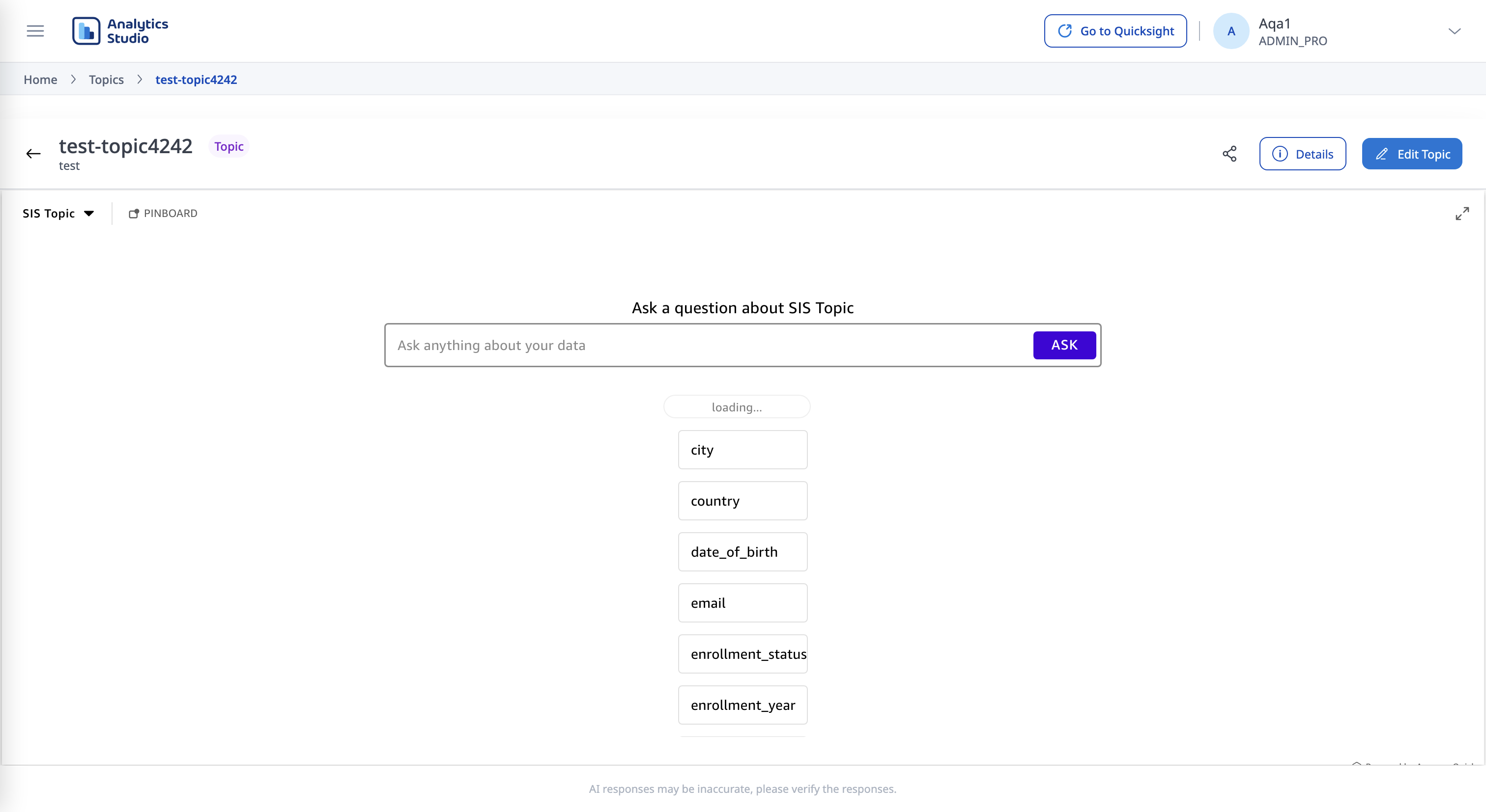 The Studio Topic interface featuring a central 'Ask a question' search bar and a list of indexed data fields like Date, Events, and Desktop Uniques used for natural language discovery.