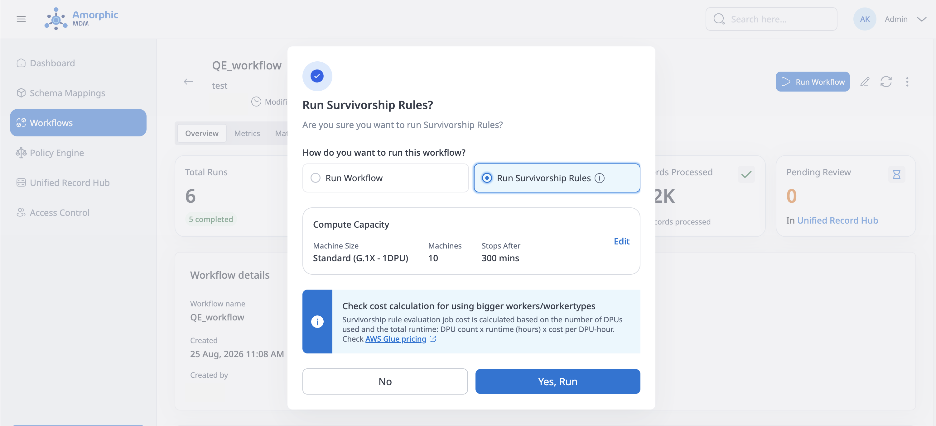 Run Workflow dialog