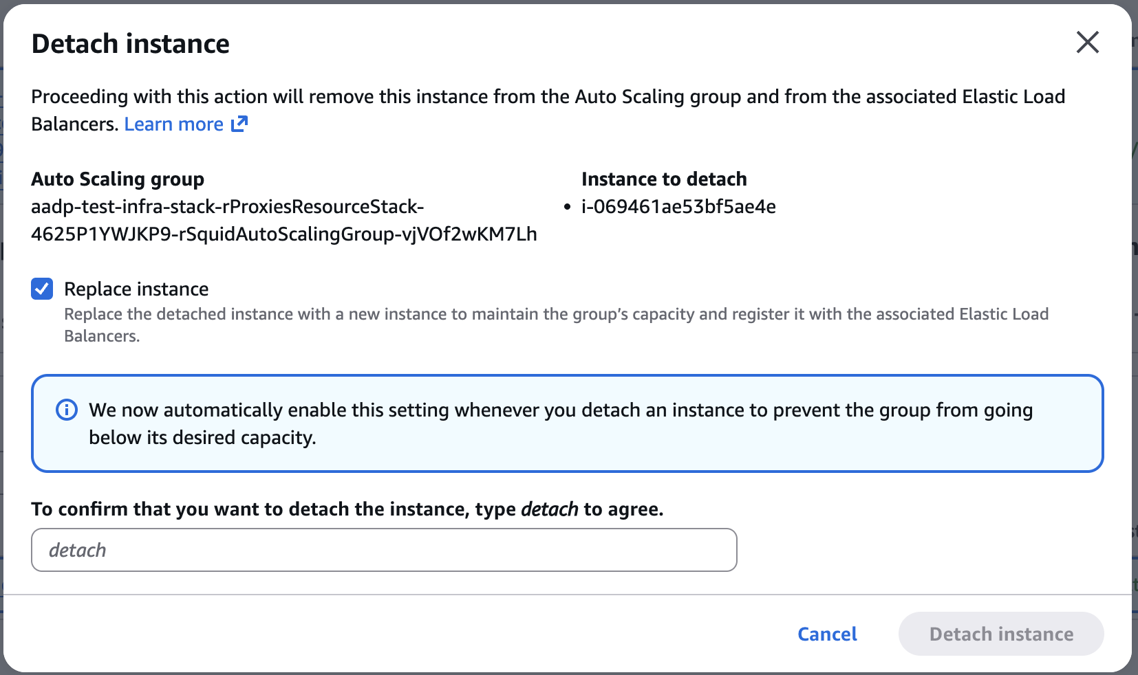 Detach instance dialog with Replace instance selected